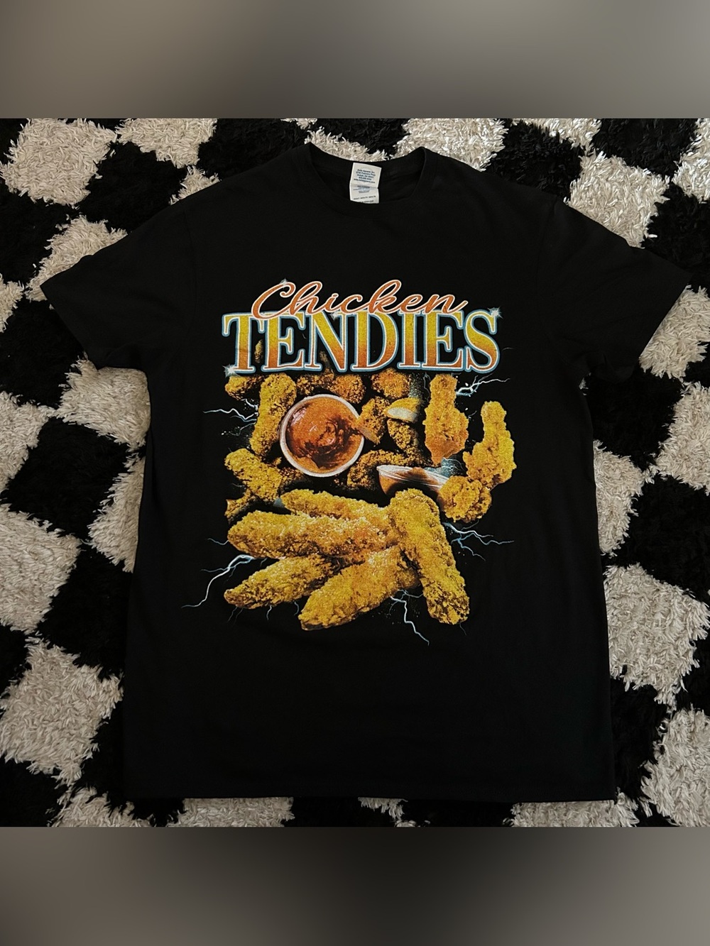 Men's T-Shirt M Black Chicken Tendies Lighting Graphic Tee Funny Joke Tenders